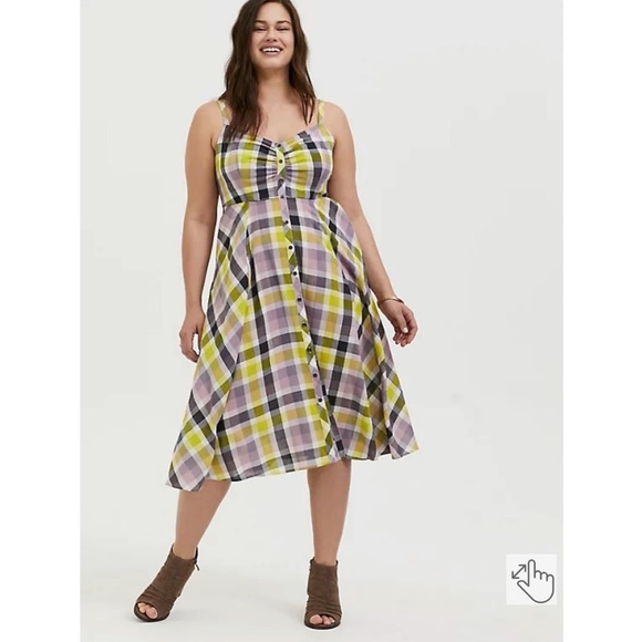 TORRID MULTI PLAID CHALLIS BUTTON FRONT MIDI DRESS SIZE 0 - Picture 6 of 10